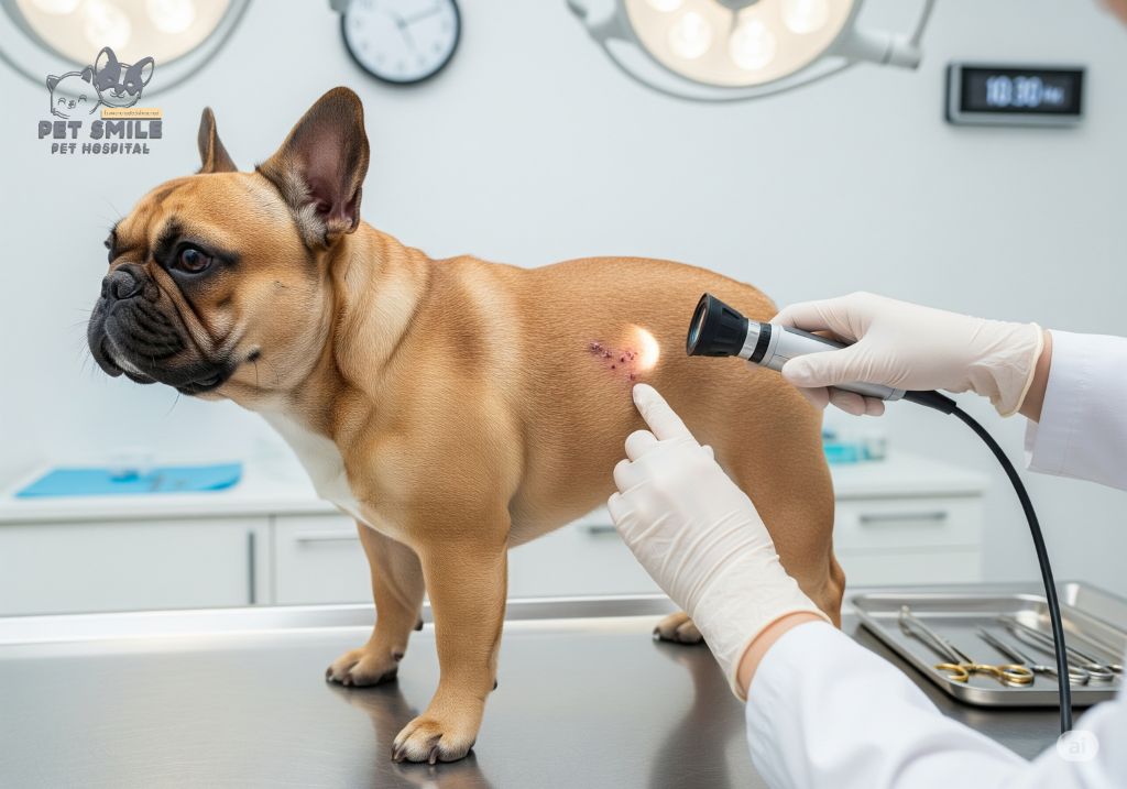 สัตวแพทย์ที่ร้อยเอ็ดกำลังตรวจผิวหนังสุนัขเพื่อป้องกันเห็บหมัด