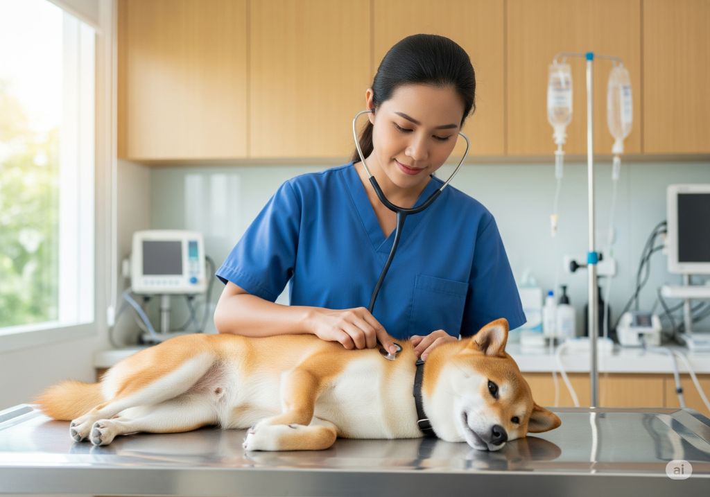 สัตวแพทย์ที่ร้อยเอ็ดกำลังดูแลสุนัขที่กินอาหารต้องห้ามเข้าไป